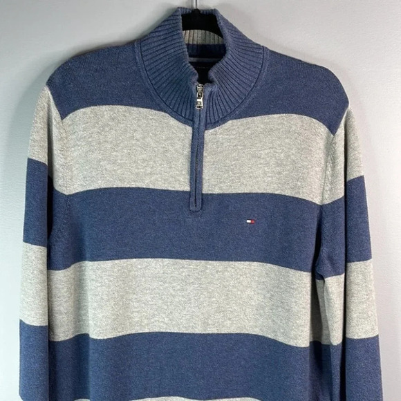 TOMMY HILFIGER Mens Striped Half Zip Sweater Steel Blue Grey Logo Preppy Size M - Picture 3 of 12